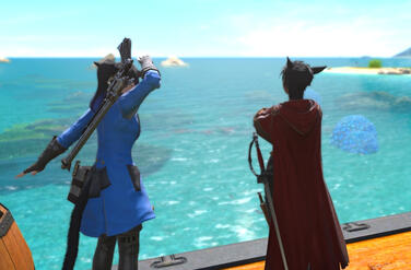 Two adventurers survey the open sea.